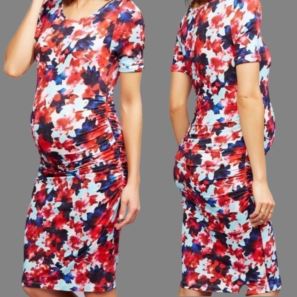 ISABELLA OLIVER for Pea in the pod bump fitting bright floral ruched midi dress